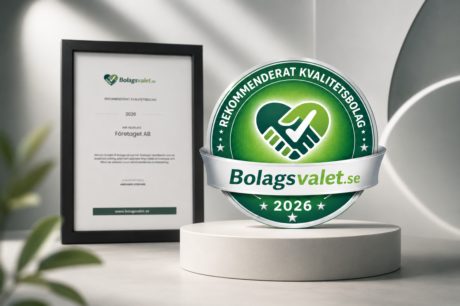 Bolagsvalet.se digitala kvalitetsstämpel och inramat diplom för rekommenderat kvalitetsbolag 2026